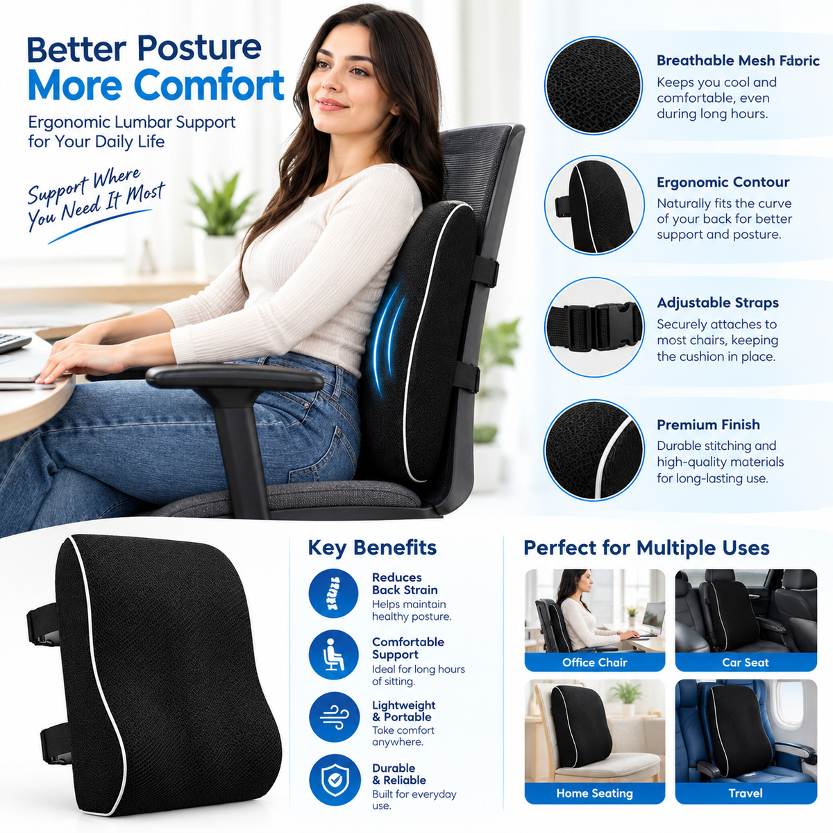 Ergonomic Lumbar Support Cushion for Office Chair – Black Mesh