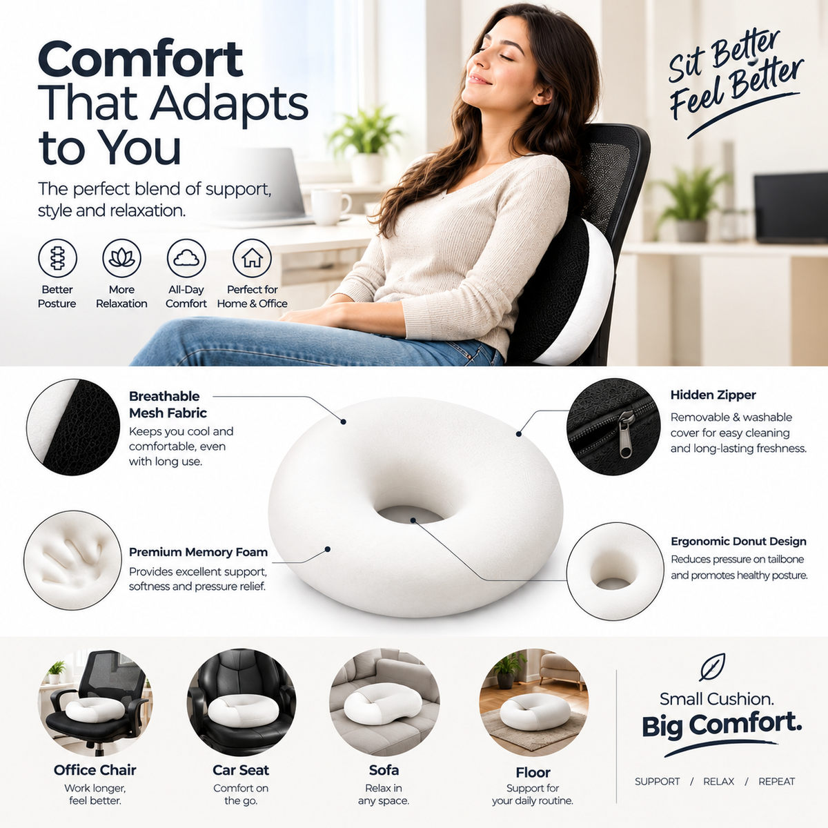 Ergonomic Donut Seat Cushion - White Foam