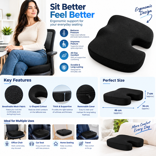 Black Ergonomic Coccyx Seat Cushion – U-Shaped Tailbone Support