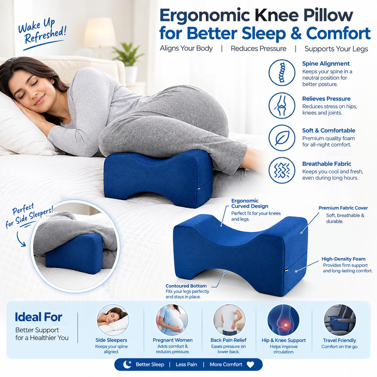 Blue Ergonomic Knee Support Pillow Comfortable Leg & Knee Alignment Cushion