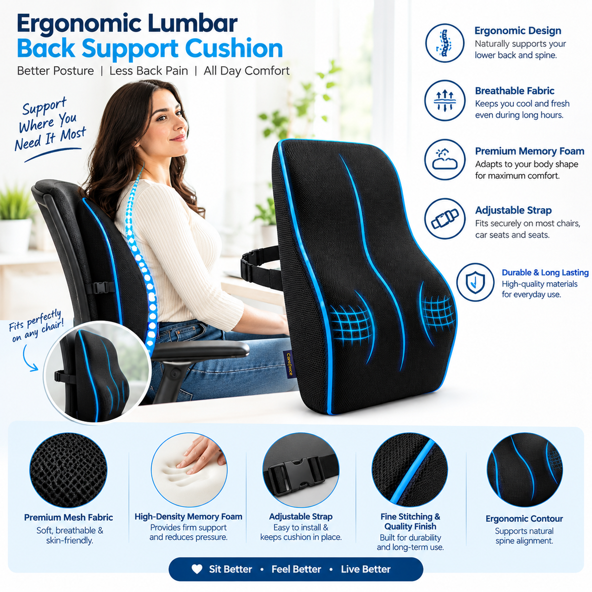 Ergonomic Lumbar Support Pillow for Chair Black Back Support Cushion with Adjustable Strap