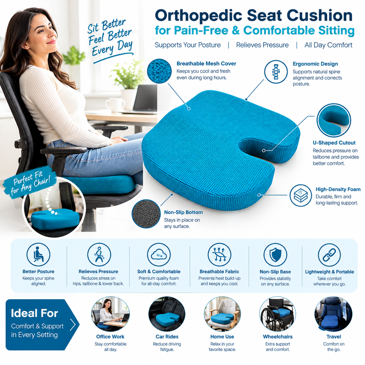 Ergonomic Coccyx Seat Cushion Breathable Turquoise Mesh