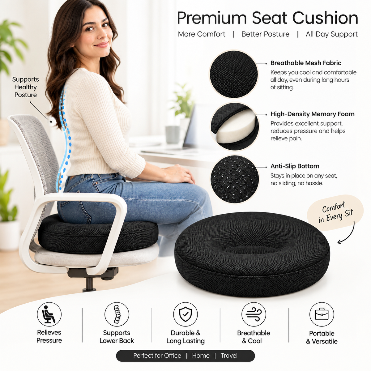 Donut Seat Cushion for Pressure Relief – Ergonomic Black Ring Cushion for Comfortable Sitting