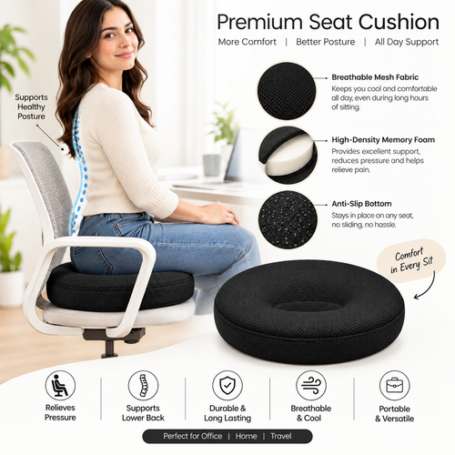 Donut Seat Cushion for Pressure Relief – Ergonomic Black Ring Cushion for Comfortable Sitting