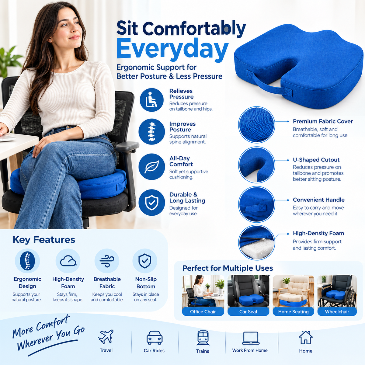 Blue Ergonomic Coccyx Seat Cushion – U-Shaped Support Pillow
