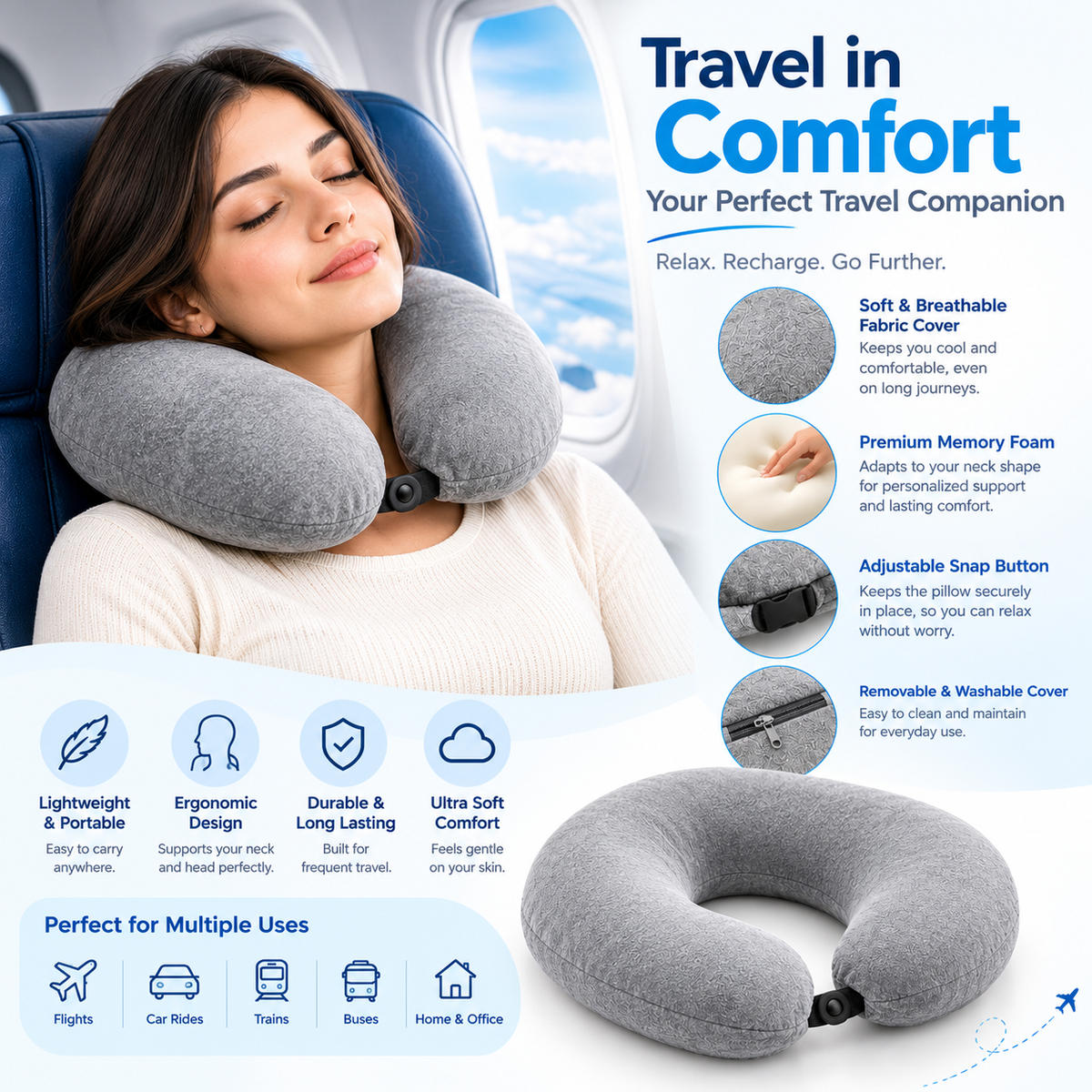 U-Shaped Travel Neck Pillow – Plush Grey Neck Support Cushion