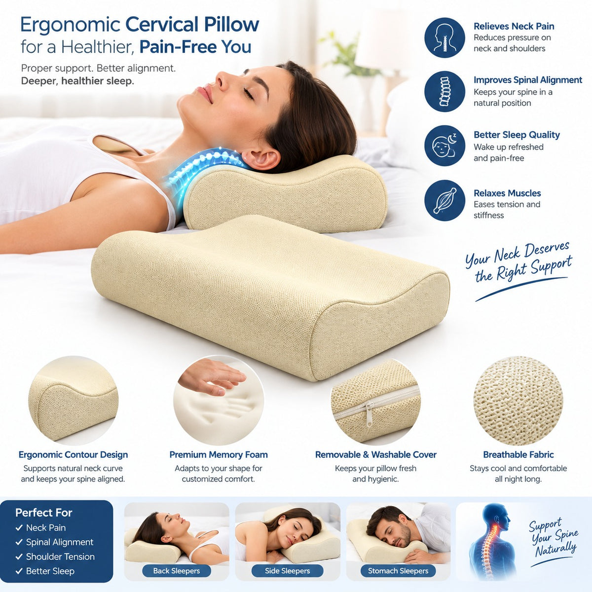 Ergonomic Contour Support Pillow – Ivory